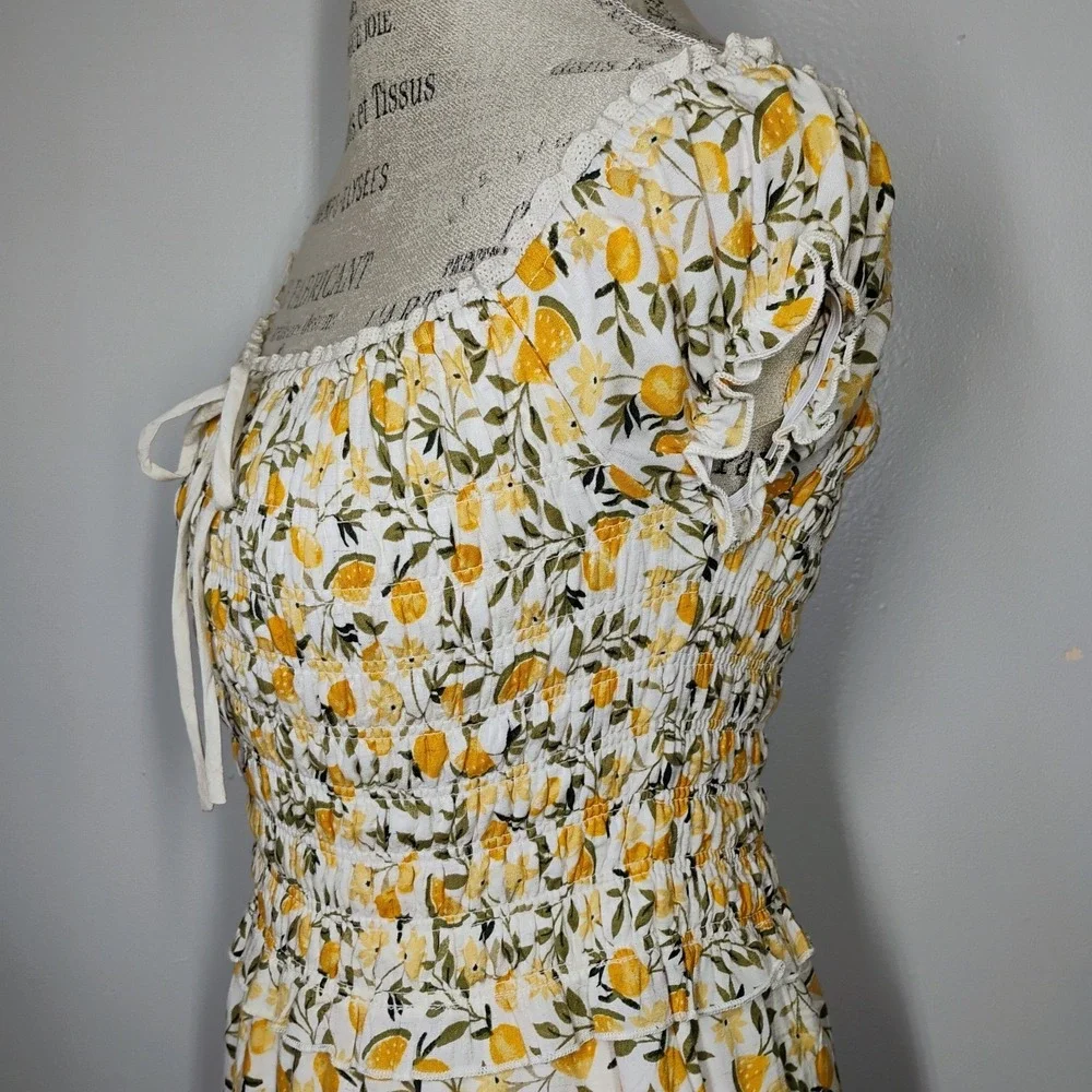 Kirious Los Angeles Mini Dress Womens Small Fruit Print Linen Blend Smocked Cute